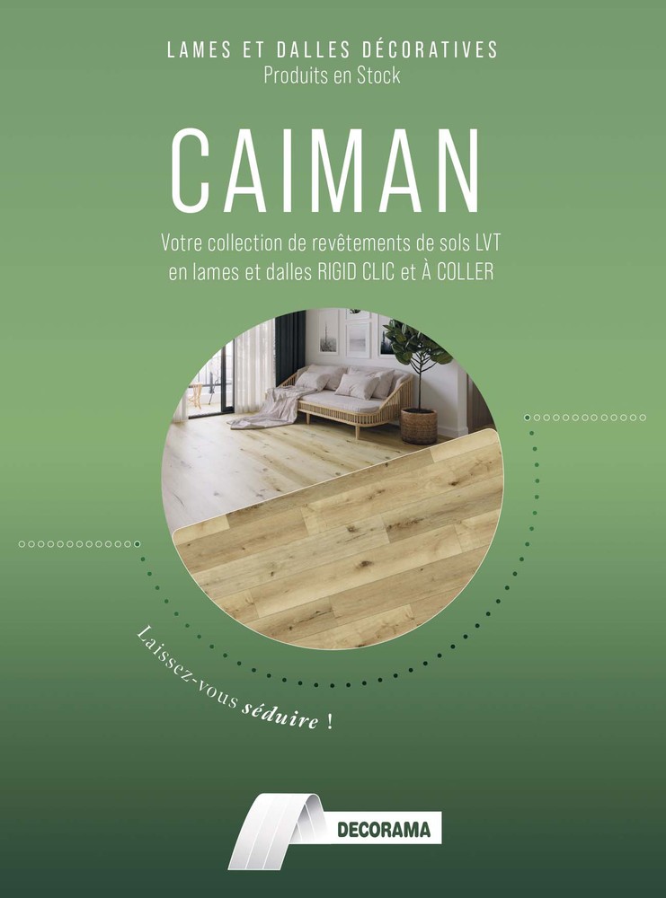 Collection Caïman 2025/2026 de revêtements de sol, présentant un nuancier d'échantillons aux textures et coloris variés.