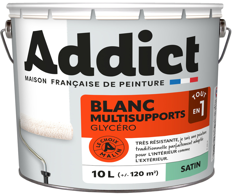 Pot de laque blanche Glycero Satin Multisupports 10 litres, offrant une excellente adhérence