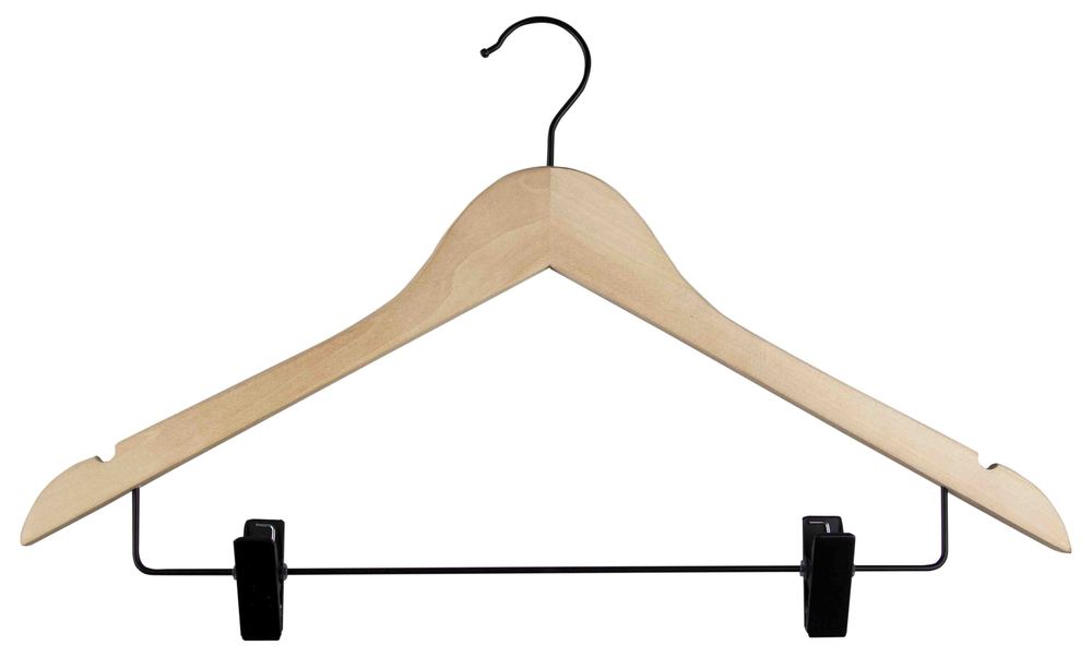 Cintre galbé en bois verni de 44 cm avec pinces pour jupes et pantalons