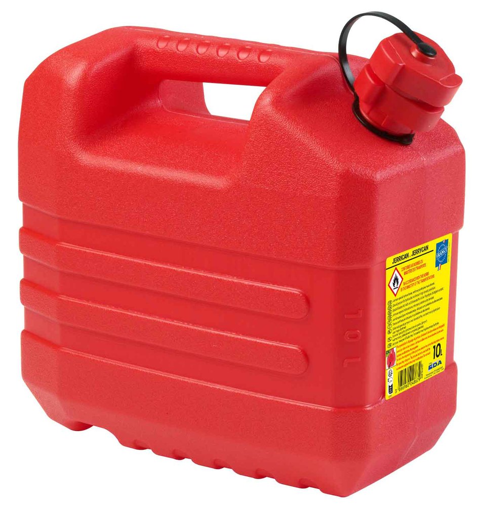 Jerrican hydrocarbures rouge 10L en plastique avec poignée de transport et bec verseur.