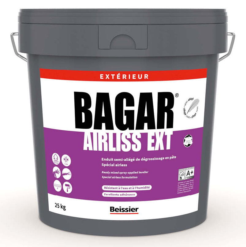 Enduit de lissage prêt à l'emploi Bagar Airliss EXT pour murs extérieurs, en seau de 25 kg.