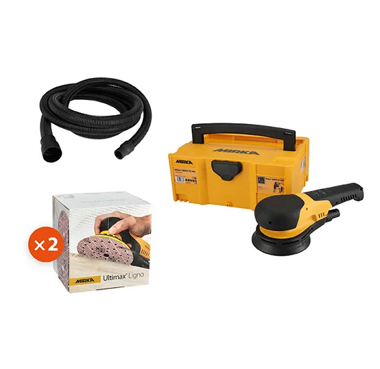 Ponceuse professionnelle Deros RS Pro en pack pour ponçage bois, livrée avec abrasifs et aspiration de poussière