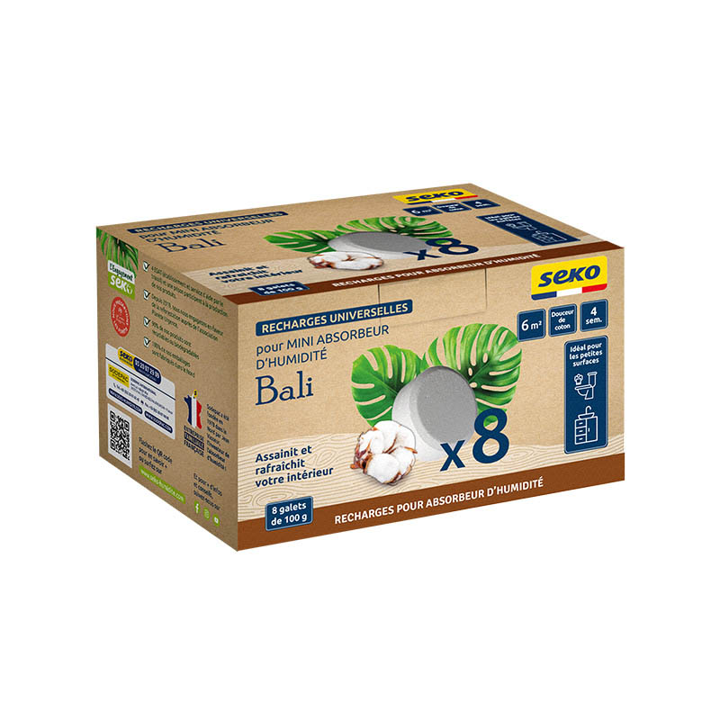 Recharges Universelles Senteur Coton Pour Absorbeur d'Humidité Bali 8 x 100 g, pastilles pour une absorption optimale de l'humidité.
