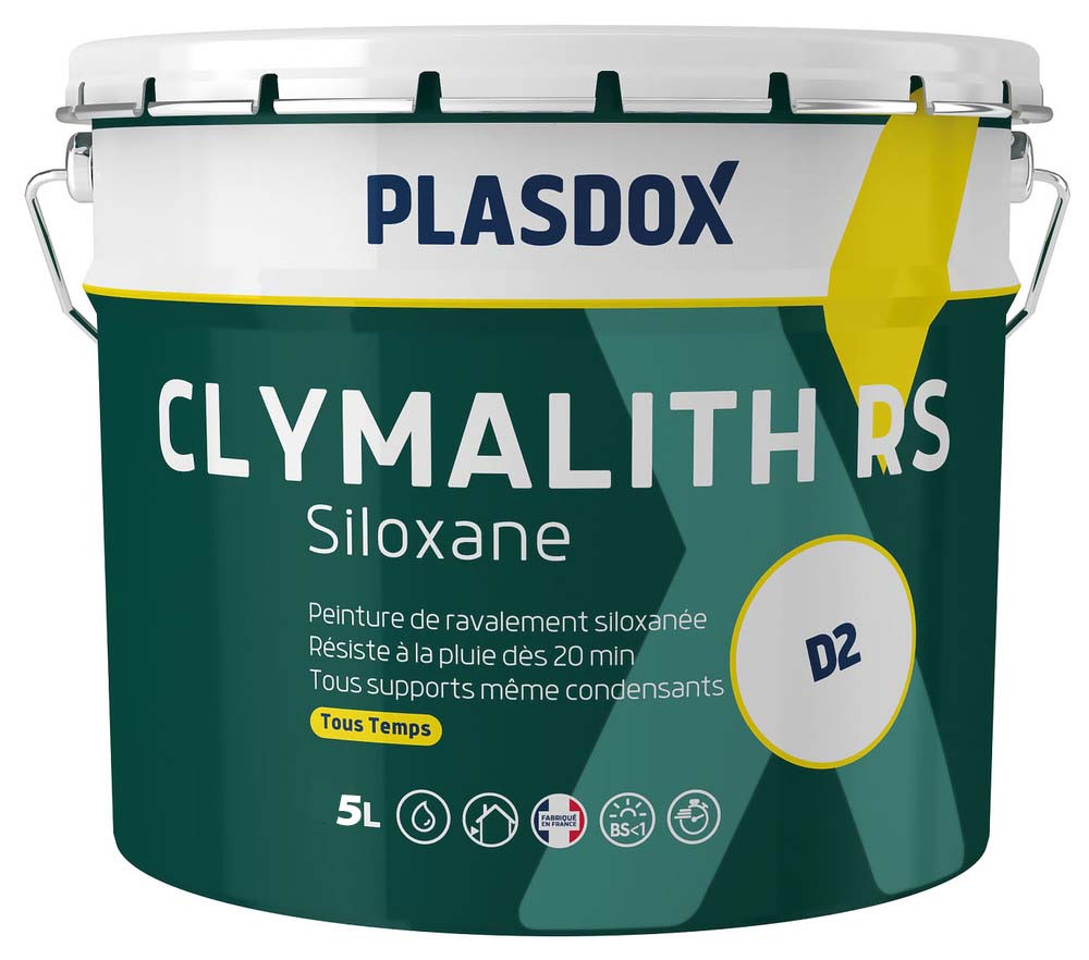 Pot de peinture façade Clymalith RS Siloxane Blanc Calibré, film mince D2 hydrofuge et haute résistance aux intempéries