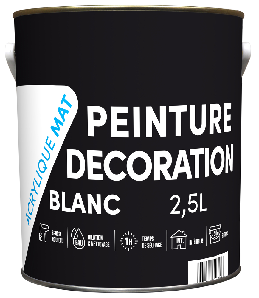 Peinture acrylique mate blanche 2.5L pour décoration intérieure, haut pouvoir couvrant.