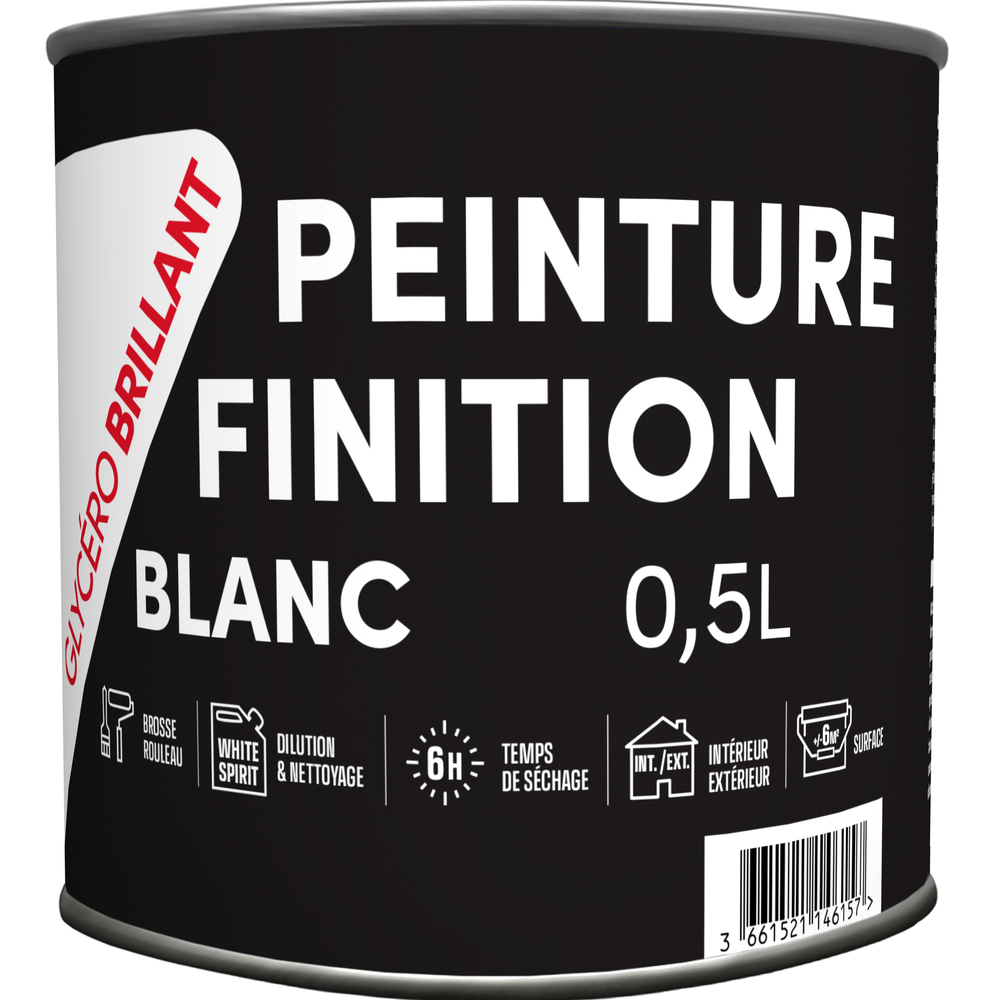 Peinture de finition Glycéro Brillant Blanc 0.5L en pot pour usage intérieur