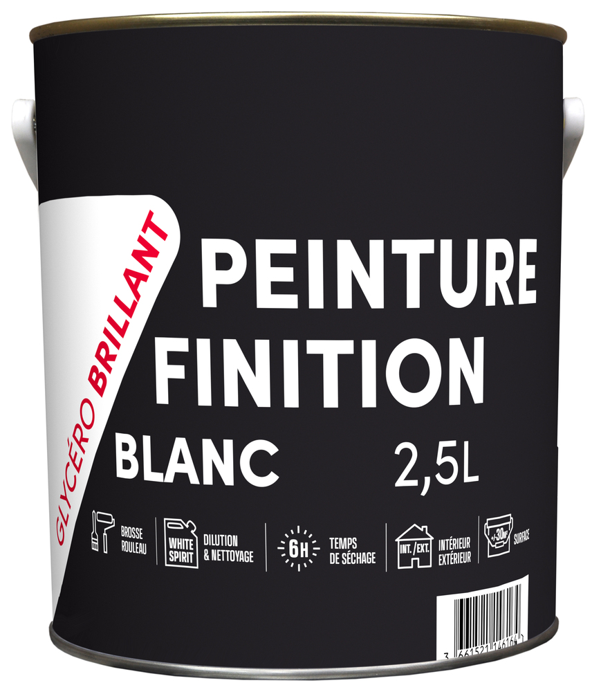 Pot de peinture de finition glycéro brillante blanche 2.5L pour intérieur, idéale murs et boiseries