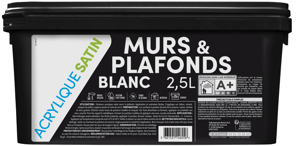 Pot de peinture acrylique blanche satinée pour murs et plafonds 2.5L, séchage rapide