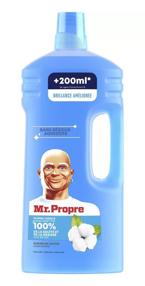 Bouteille de nettoyant multi-usages Mr Propre Fleurs de Coton 1.5L dont 200 ml Gratuit, pour sols et surfaces.