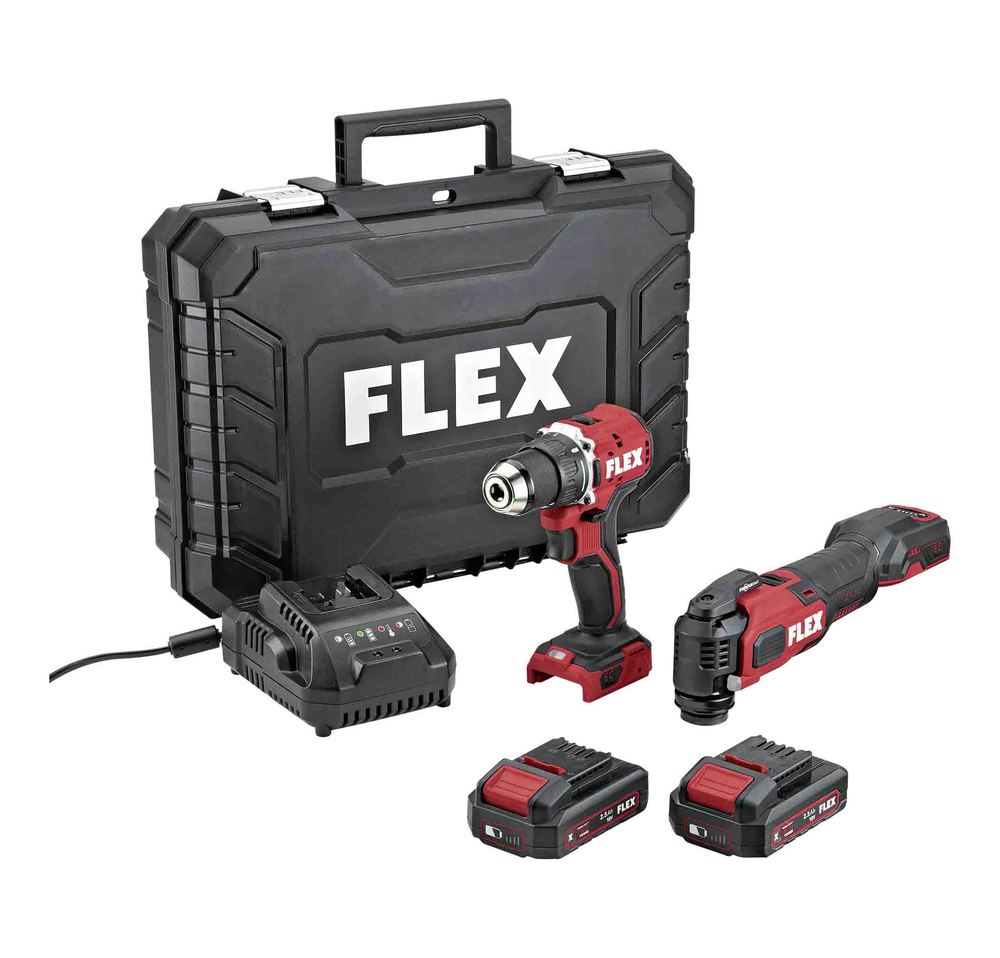 DUOpack Perceuse-Visseuse et Outil Multifonction 18V, kit complet avec 2 Batteries 2.5Ah et 1 Chargeur pour travaux de bâtiment et bricolage.