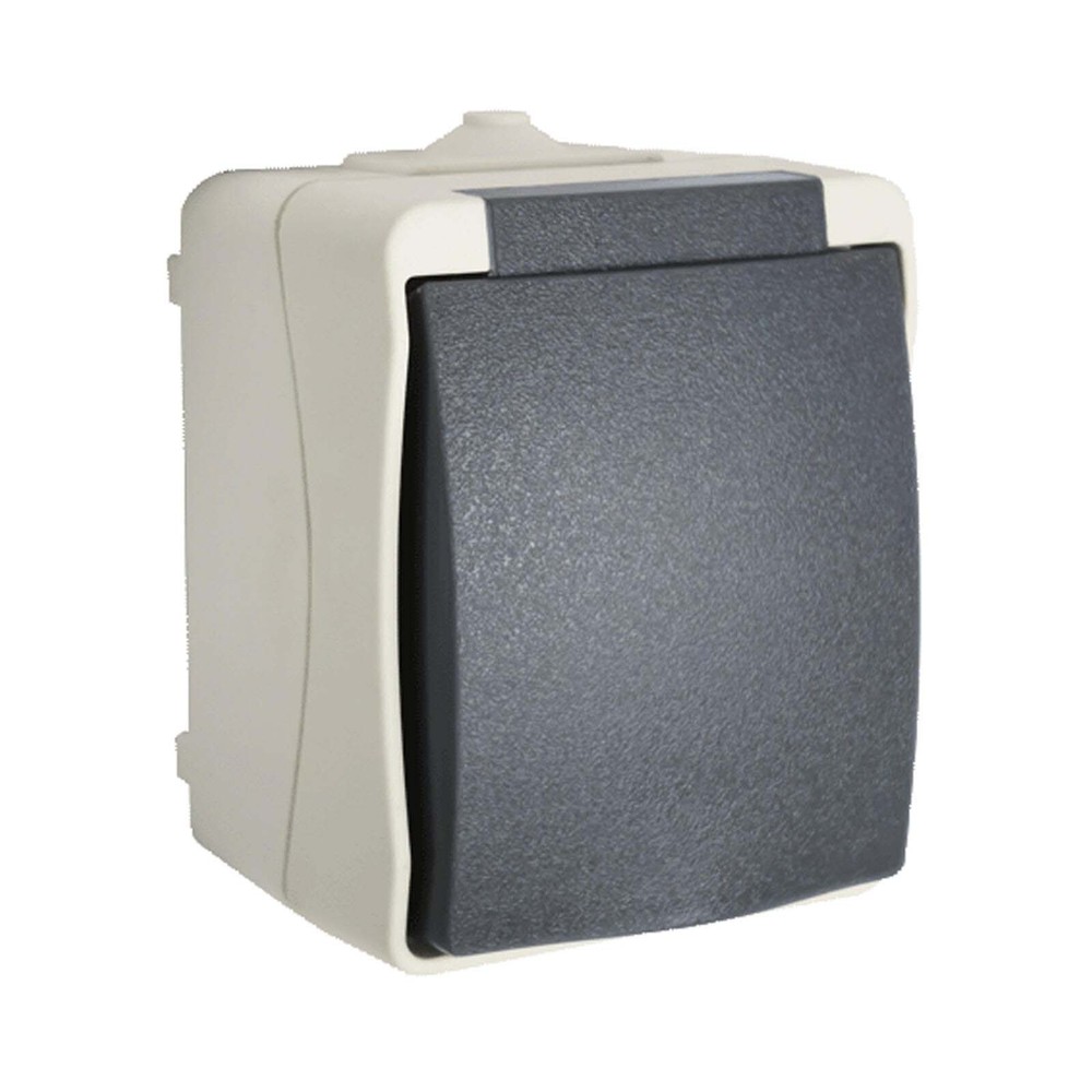 Prise électrique murale grise avec terre et sécurité enfant, semi-étanche IP54