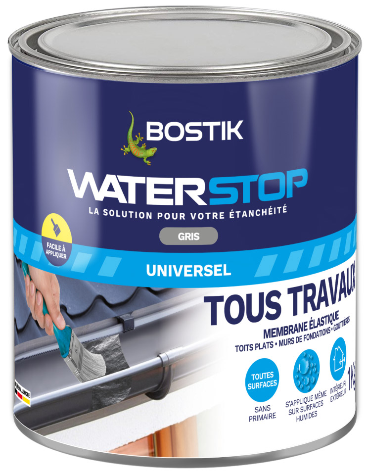 Membrane d'étanchéité liquide Waterstop Tous Travaux 1 kg, pour l'imperméabilisation et la protection des surfaces.