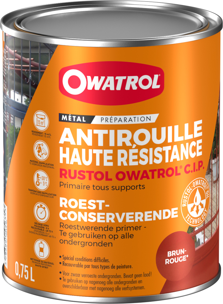 Bidon de primaire anti-rouille Rustol C.I.P 0.75L pour protection des métaux