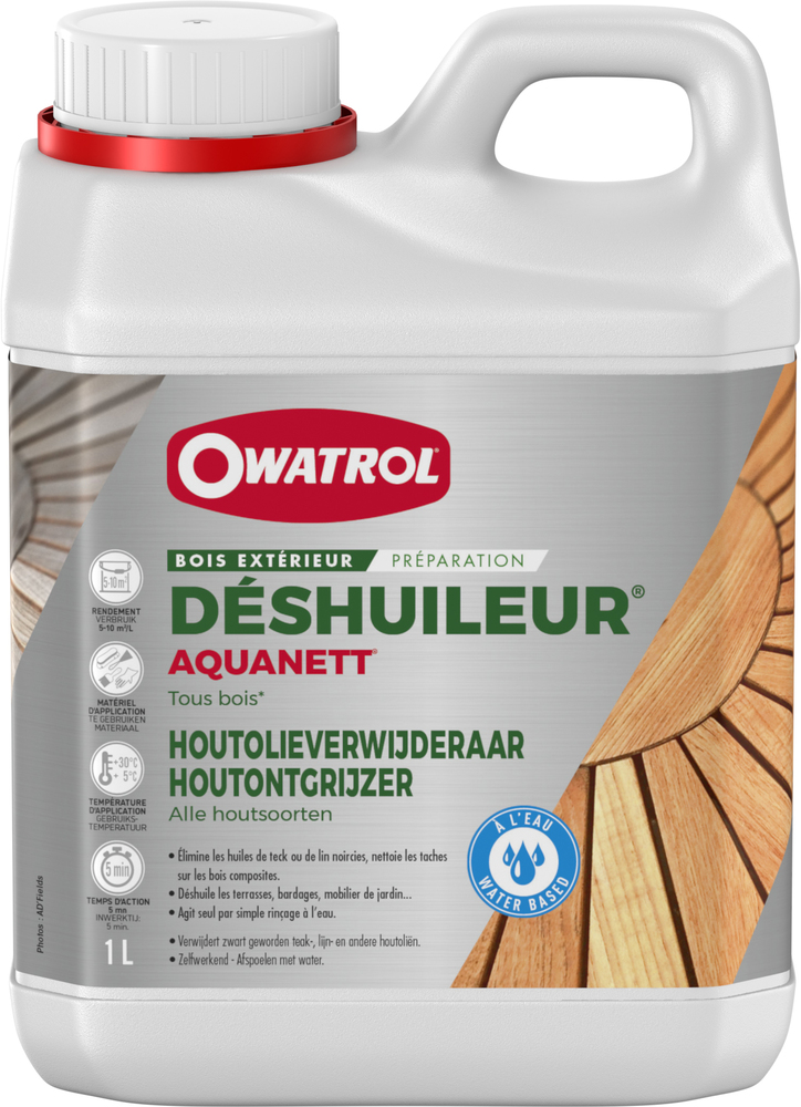 Bouteille de déshuileur bois Aquanett 1L, nettoyant et dégraissant puissant pour la préparation des surfaces en bois.