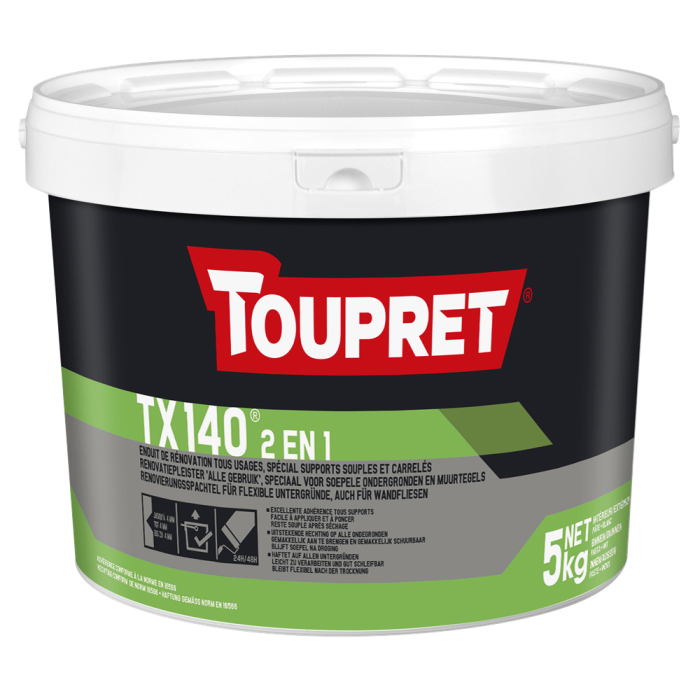 Enduit de rebouchage et de lissage 2 en 1 TX140 blanc, en seau de 5 kg, idéal pour supports souples et carrelés sur murs intérieurs.