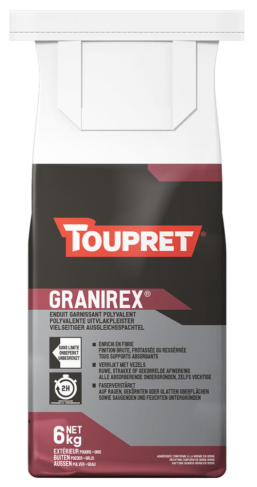 Sac de 6 kg de l'enduit de rénovation extérieur en poudre Granirex, idéal pour le rebouchage et la préparation des murs.