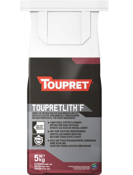 Enduit de rebouchage et réparation Touprelith F pour maçonnerie et murs extérieurs, sac de 5 kg, couleur gris ciment.