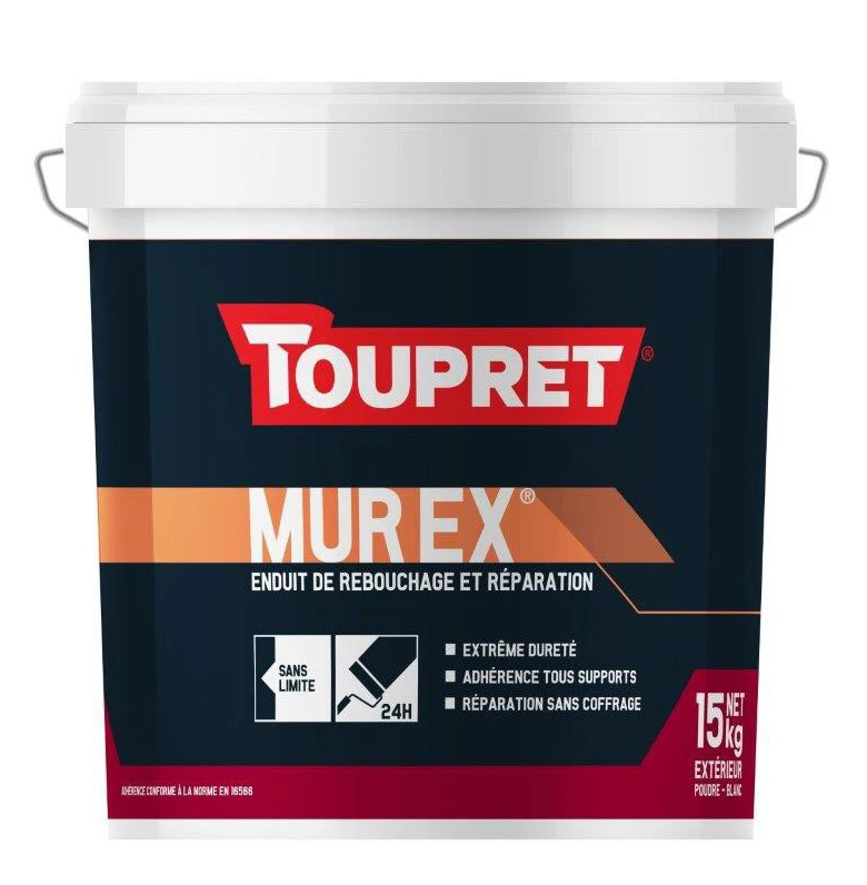 Enduit de rebouchage et réparation en poudre Mur Ex pour murs extérieurs, seau de 15 kg, idéal pour combler fissures et trous.