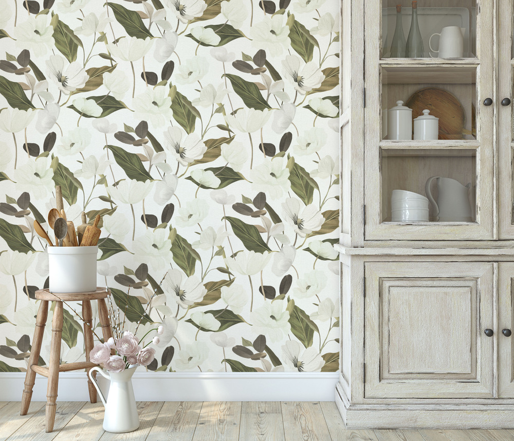 10508-26 - Papier Peint Vinyle Grainé Sur Intissé Flairy Blossom Vert et Blanc
