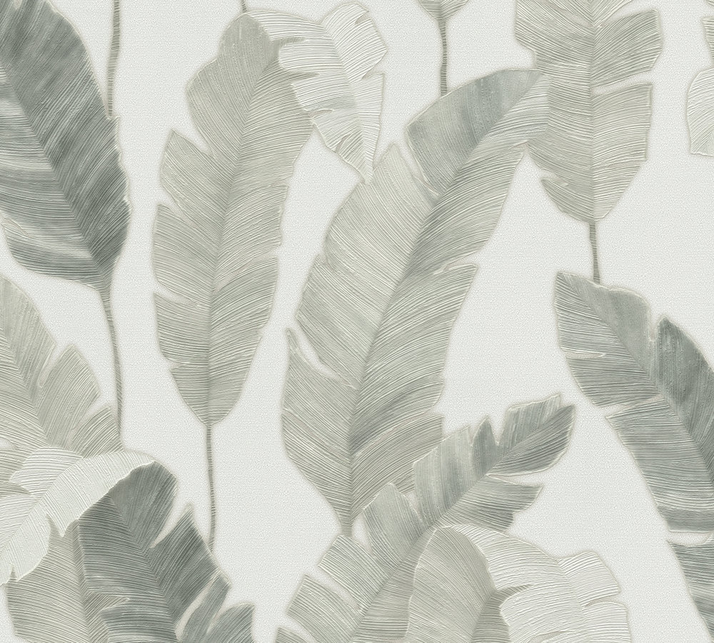 Papier peint vinyle sur intissé Bali Jungle Lea vert écru, motif feuilles tropicales luxuriantes
