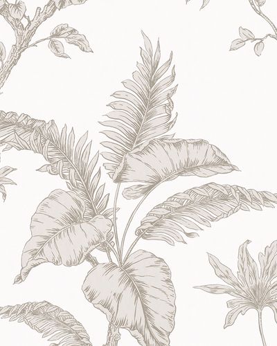 Papier peint intissé effet feuillage exotique beige sur blanc cassé, idéal pour une décoration murale naturelle et apaisante.