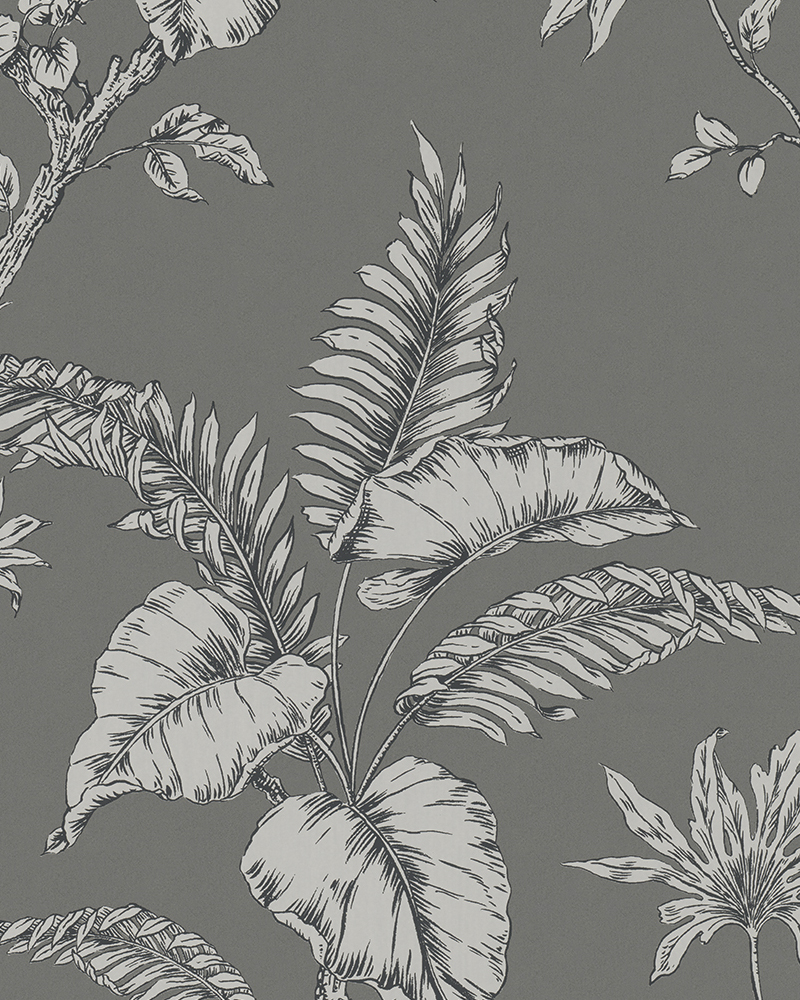 Papier peint intissé 31847 motif feuillage exotique blanc sur fond gris foncé, idéal pour créer un mur d'accent.