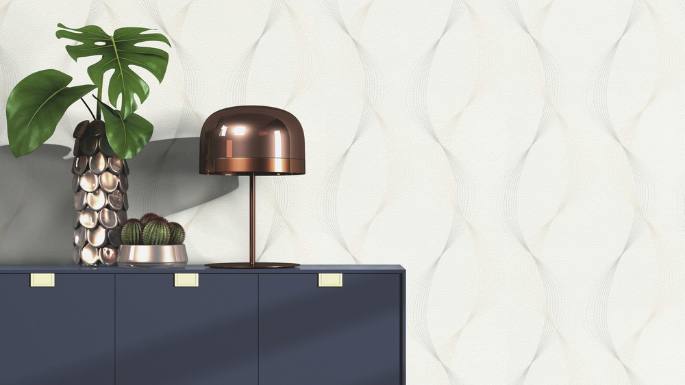 475678 - Papier Peint Vinyle Motif Courbes Blanc Argent