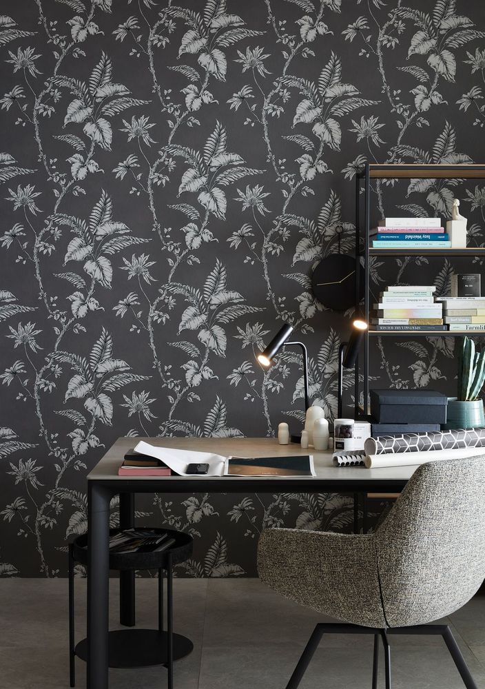 31847 - Papier Peint Intissé Effet Feuillage Exotique Blanc Sur Gris Foncé