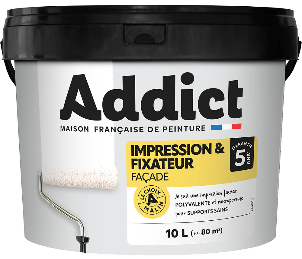Seau de 10 litres d'impression et fixateur façade acrylique, idéal pour préparer les murs extérieurs avant peinture.