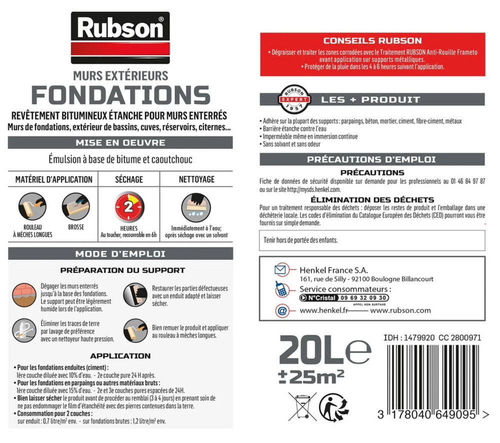 Waterproof Revêtement Bitumeux Etanchéité Fondations Noir 20L