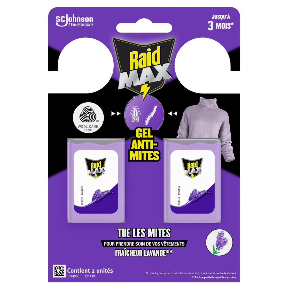 Gel anti-mites textiles senteur lavande en pack de 2 x 3g pour penderie et tiroirs