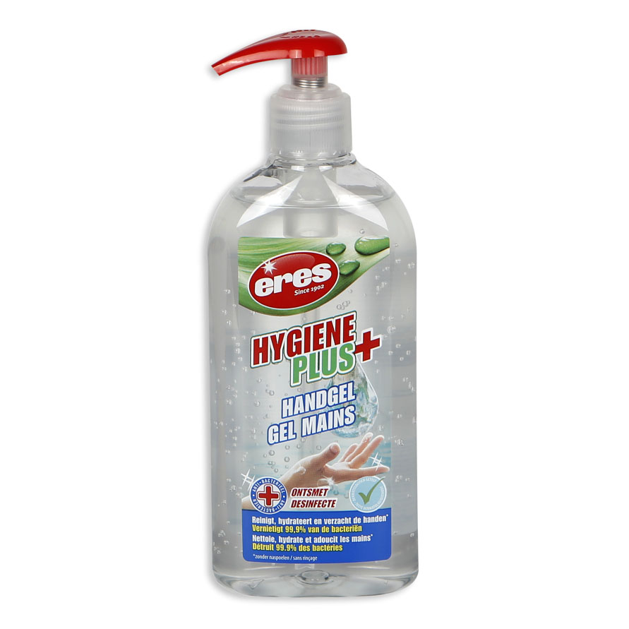 Gel hydroalcoolique Hygiene Plus pour les mains, flacon de 250 ml avec pompe.