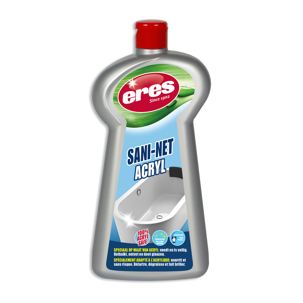 Bouteille de nettoyant acrylique Sani-Net Acryl 750 ml en spray, détartrant anti-calcaire pour salles de bains.