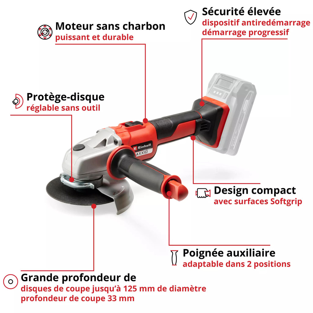 Axxio Meuleuse d’Angle Sans Fil 18V Ø125 mm Sans Batterie/Chargeur