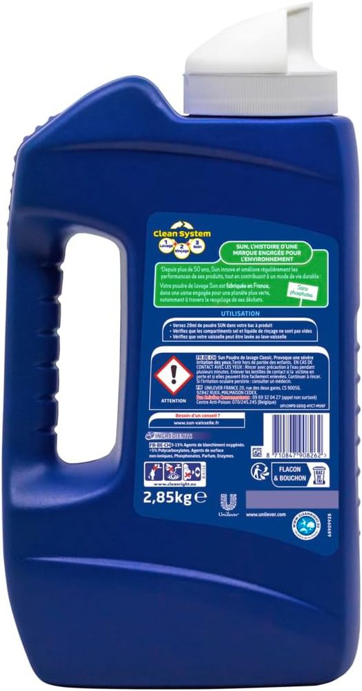 Face arrière du bidon de poudre de lavage lave vaisselle SUN 90 lavages clean system