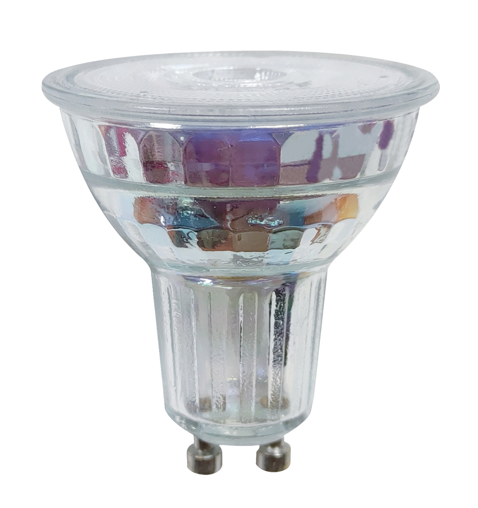 Ampoule LED GU10 en verre transparent avec réflecteur facetté et culot à deux broches.