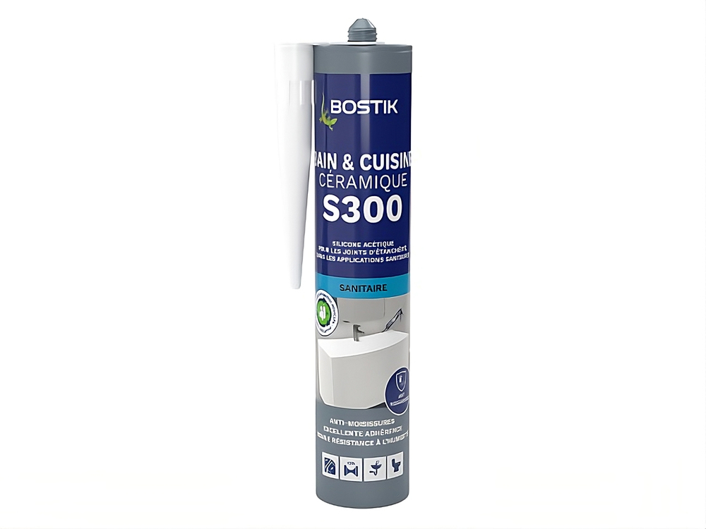Mastic Bain & Cuisine Céramique S300 en cartouche de 300 ml, blanc et anti-moisissure