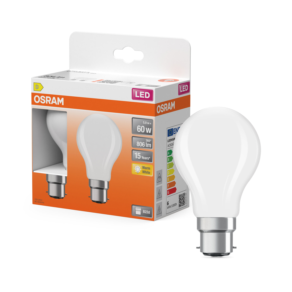 Ampoule LED standard Osram B22d blanc chaud équivalent 60W avec emballage.