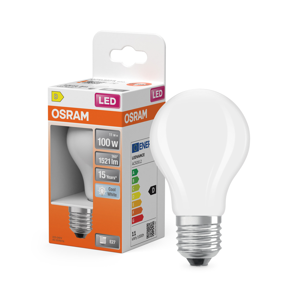 Ampoule LED standard Osram E27 blanc froid équivalent 100W avec emballage.