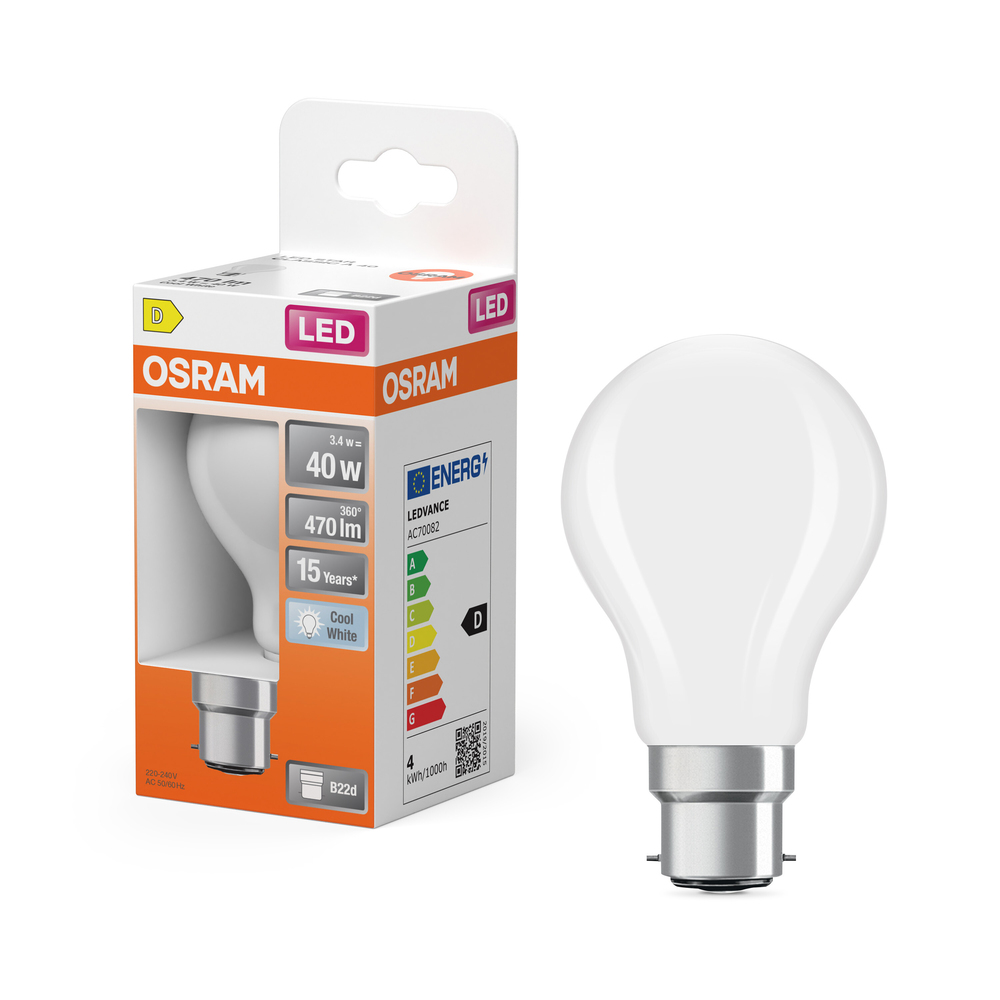 Ampoule LED standard Osram B22d blanc froid équivalent 40W avec emballage.
