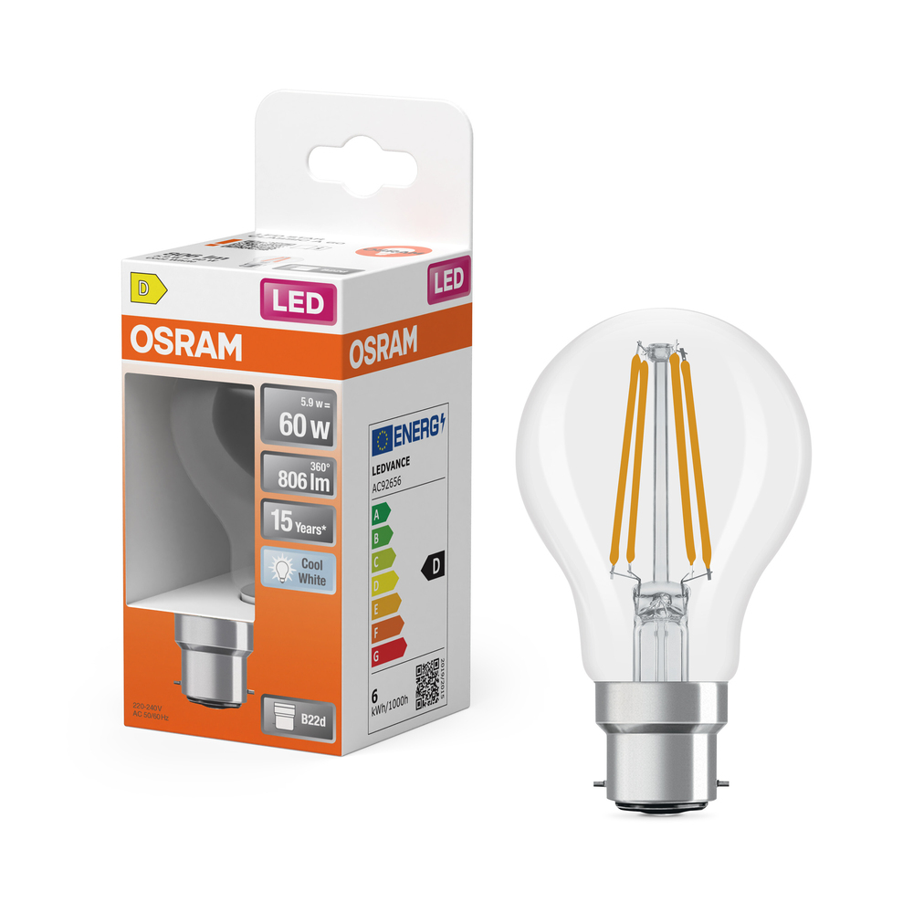 Ampoule LED standard à filament Osram B22d transparente blanc froid équivalent 60W avec emballage.
