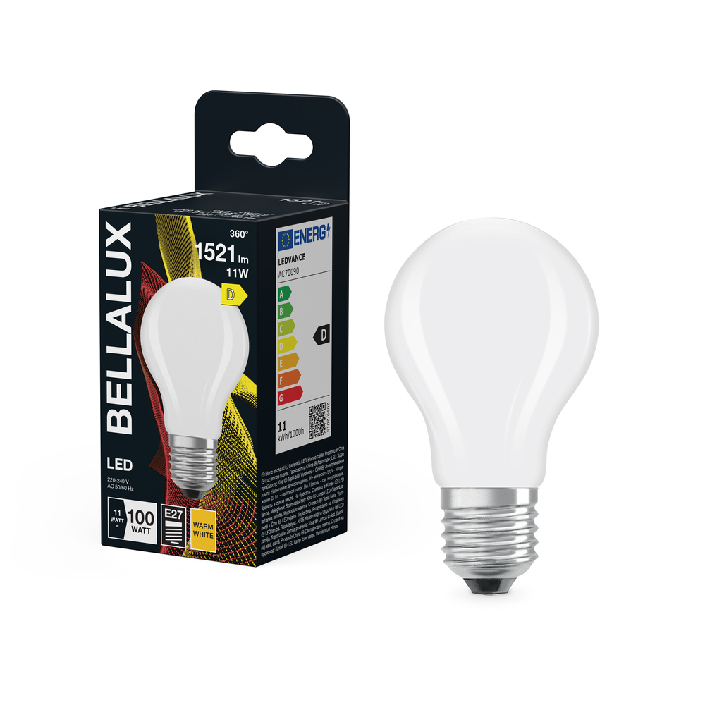 Ampoule LED standard Bellalux E27 blanc chaud équivalent 100W avec emballage.
