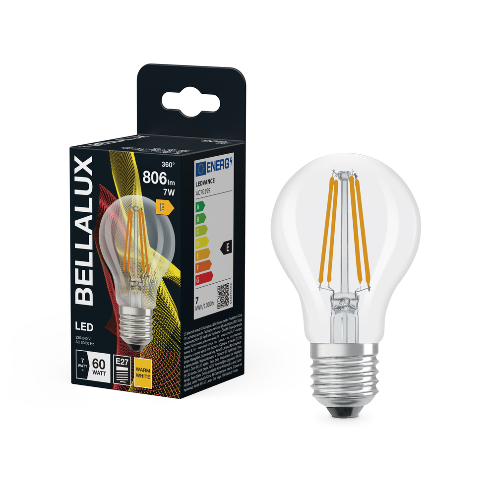 Ampoule LED standard à filament Bellalux E27 transparente blanc chaud équivalent 60W avec emballage.