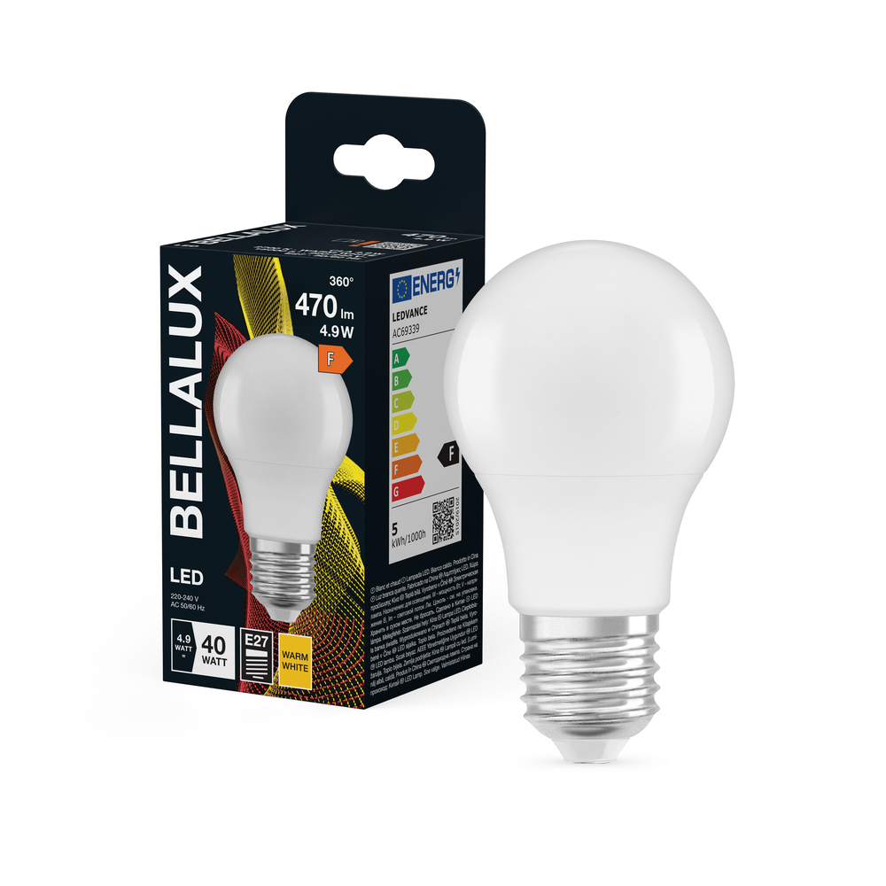Ampoule LED standard Bellalux E27 blanc chaud équivalent 40W avec emballage.