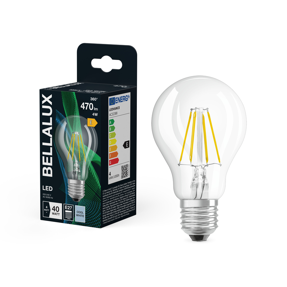 Ampoule LED standard à filament Bellalux E27 transparente blanc froid équivalent 40W avec emballage.