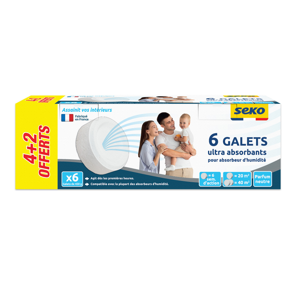 Lot de 4+2 gratuits recharges absorbeur d'humidité en galets percés 450g, formule neutre anti-condensation.
