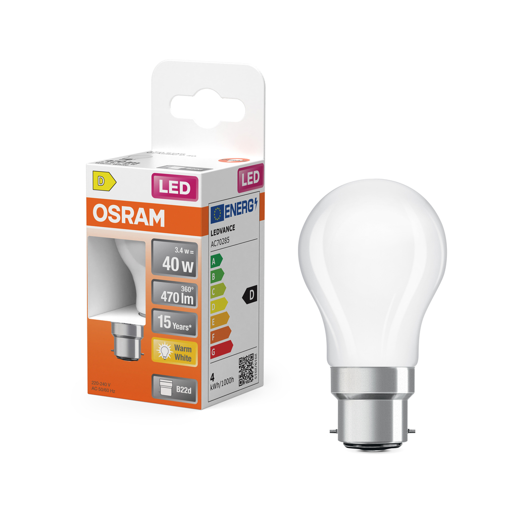 Ampoule LED standard Osram B22d blanc chaud équivalent 40W avec emballage.