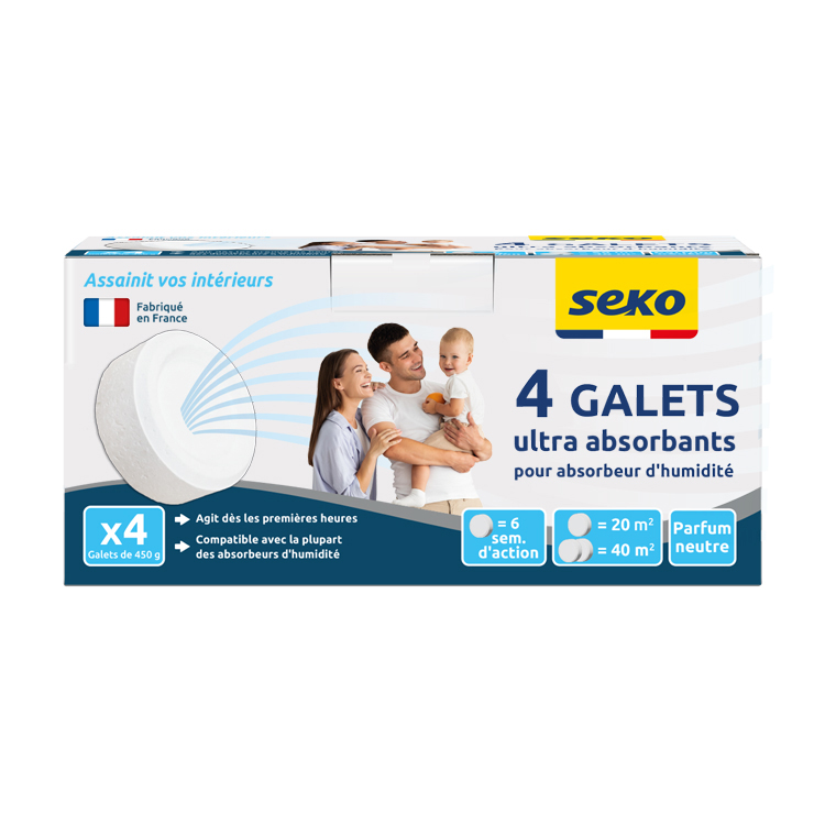 Lot de 4 recharges absorbeur d'humidité en galets percés 450g, formule neutre anti-condensation.