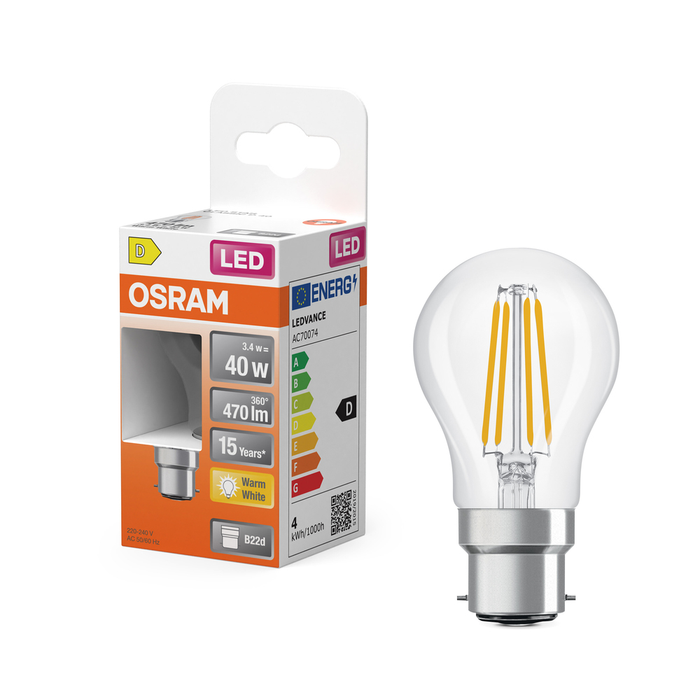 Ampoule LED sphérique à filament Osram B22d transparente blanc chaud équivalent 40W avec emballage.