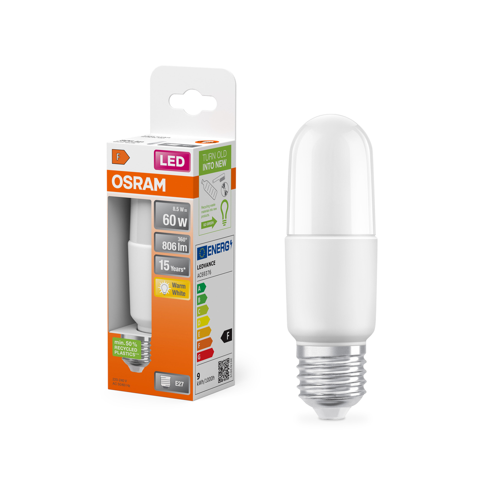Ampoule LED Osram E27 bâton opale blanc chaud équivalent 60W